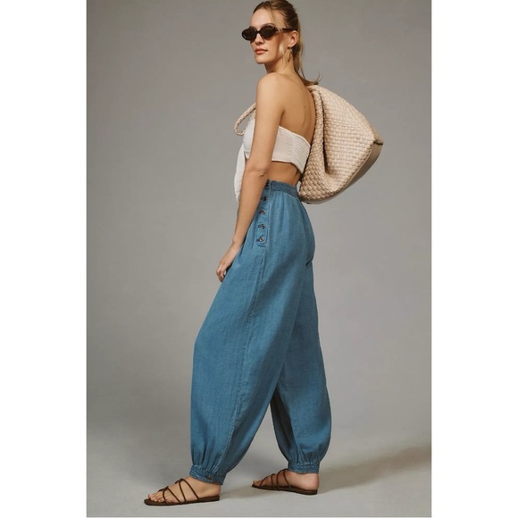 NWT Anthropologie Denim Harem Pants Large Chambray Blue Balloon Baggy Boho - Picture 3 of 14